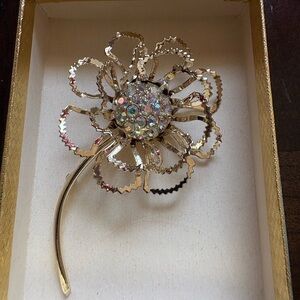 Sarah Coventry Gold-Tone Flower Brooch with Aurora Borealis Center